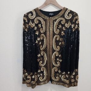 Tan-Chho Black and Gold Scroll Beaded Sequin 100% Silk Jacket, Size L - Vintage